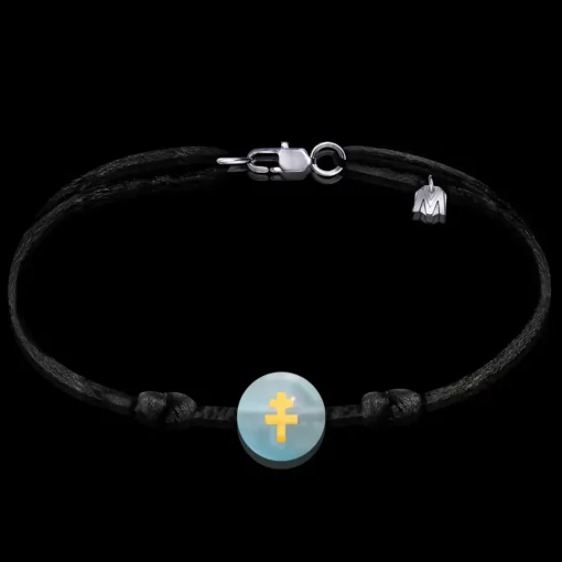 New Michaël Vessière Bracelet Croix De Lorraine Aqua Bleu Sur Cordon