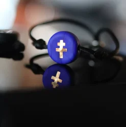 Outlet Michaël Vessière Bracelet Croix De Lorraine Bleu Sur Cordon