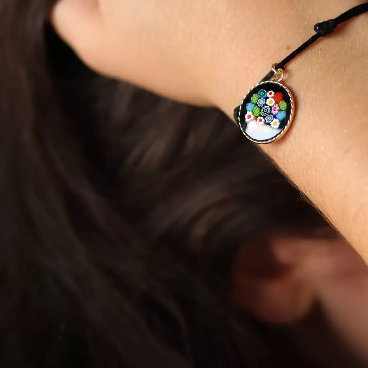 Online Michaël Vessière Bracelet Medaillon Mille Fleurs De Murano Sur Cordon